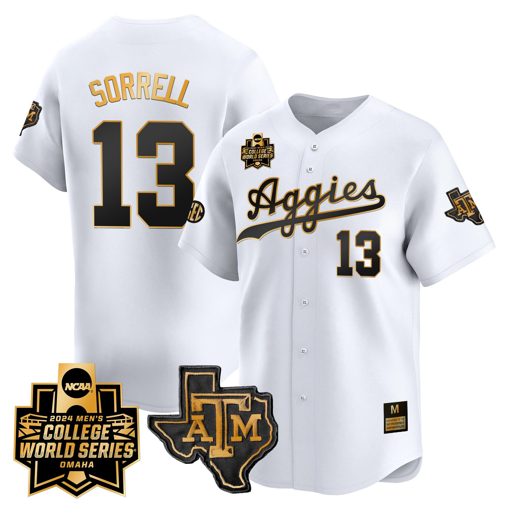 Men Texas A&M Aggies 13 Sorrell White 2024 College World Series Vapor Premier Limited NCAA Jersey style 1